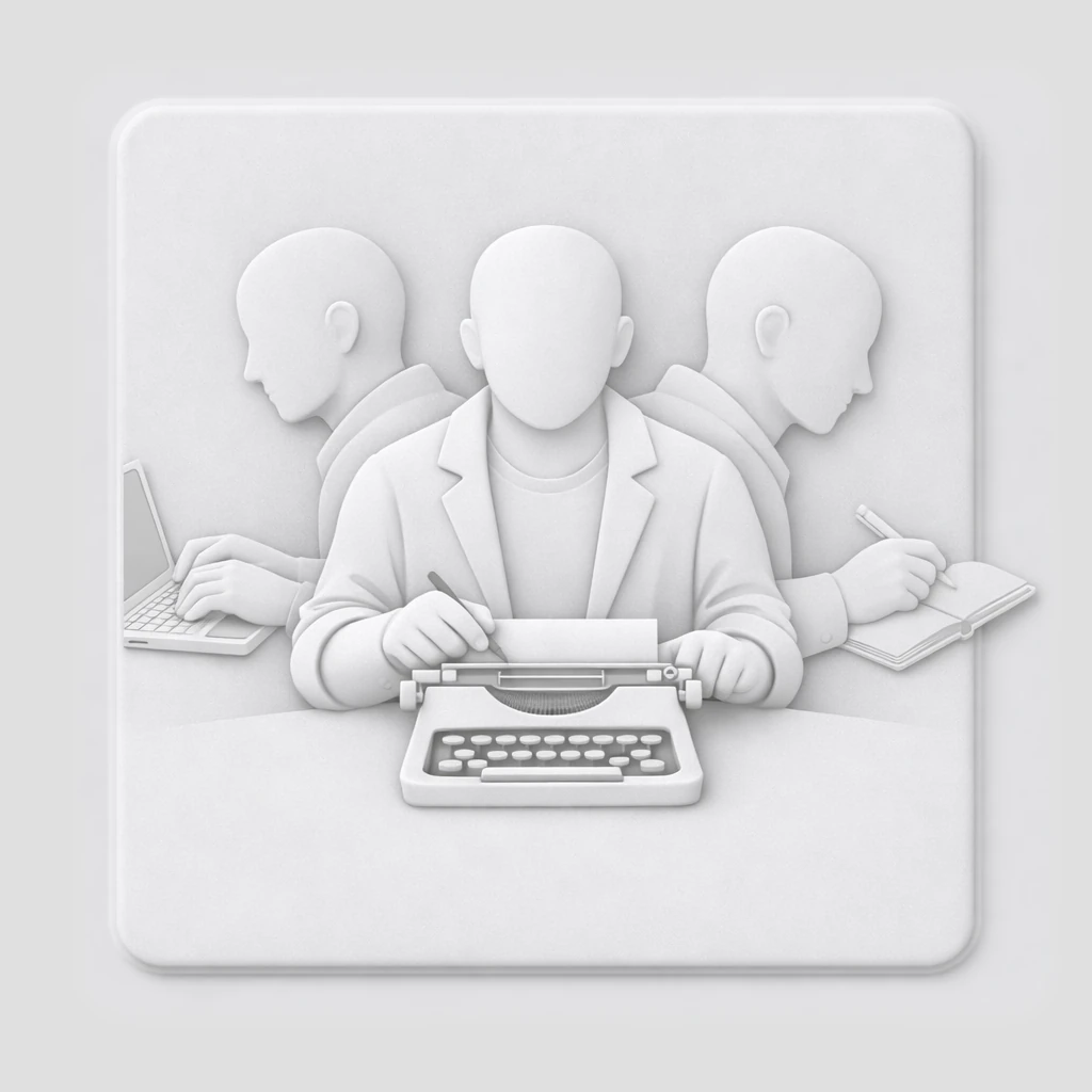 Illustration en relief montrant une silhouette d'écrivain en quête de son centre intérieur.