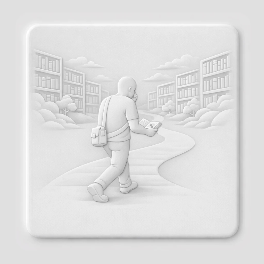 Illustration en relief montrant un personnage en chemin pour s'approprier son espace de travail, symbolisant l'action d'habiter pleinement son identité d'auteur.