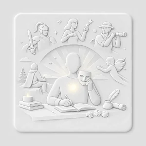 Illustration stylisée en relief représentant la liberté créative à travers l'exploration des archétypes de l'écrivain.