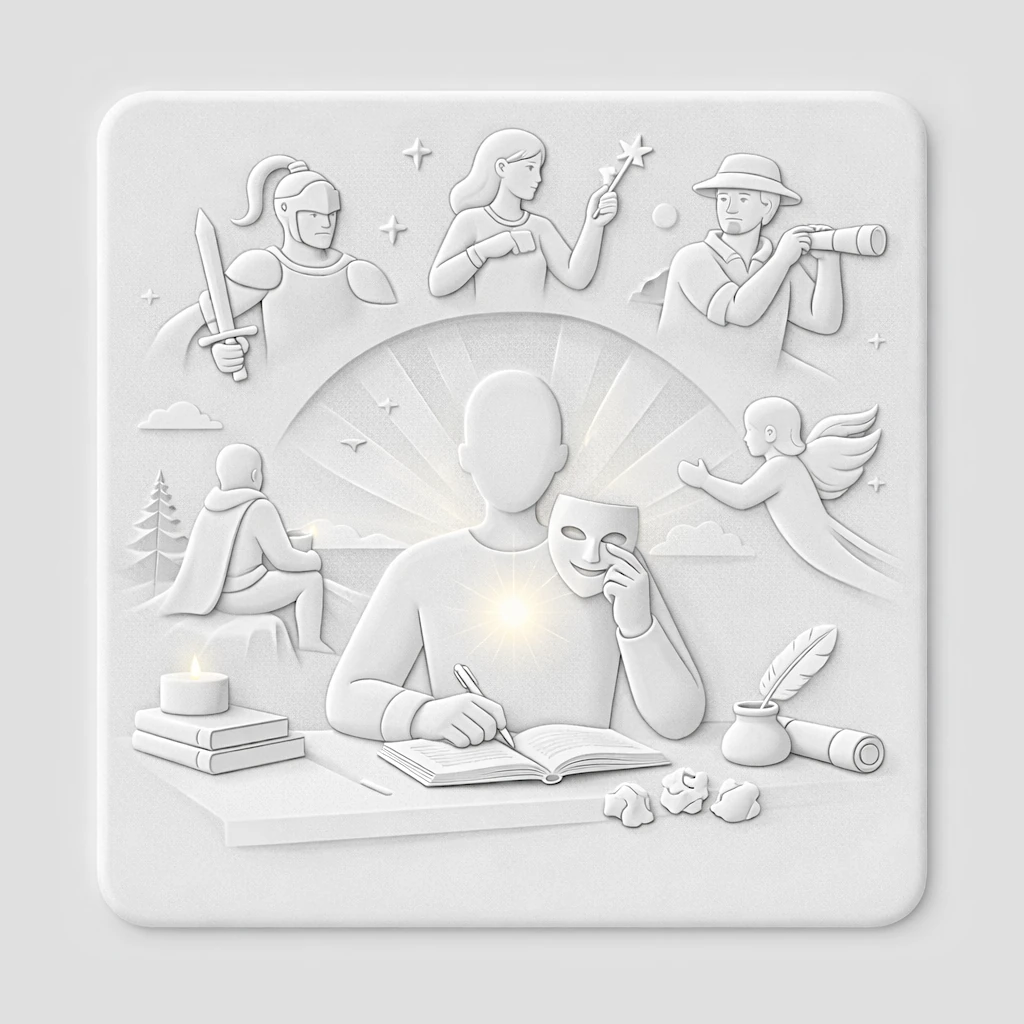 Illustration stylisée en relief représentant la liberté créative à travers l'exploration des archétypes de l'écrivain.