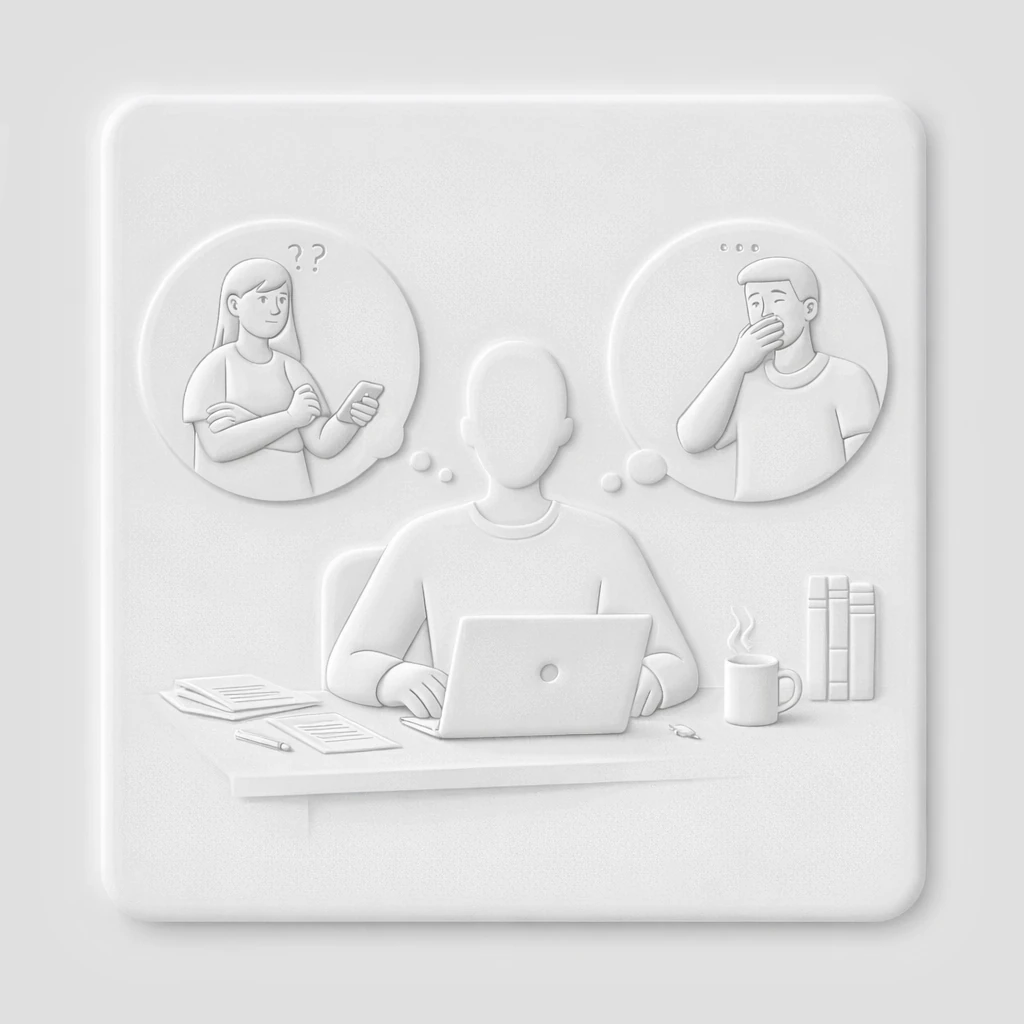 Illustration neumorphic d'une silhouette d'écrivain aux contours s'effaçant, assis au milieu de silhouettes plus marquées qui ne le voient pas.