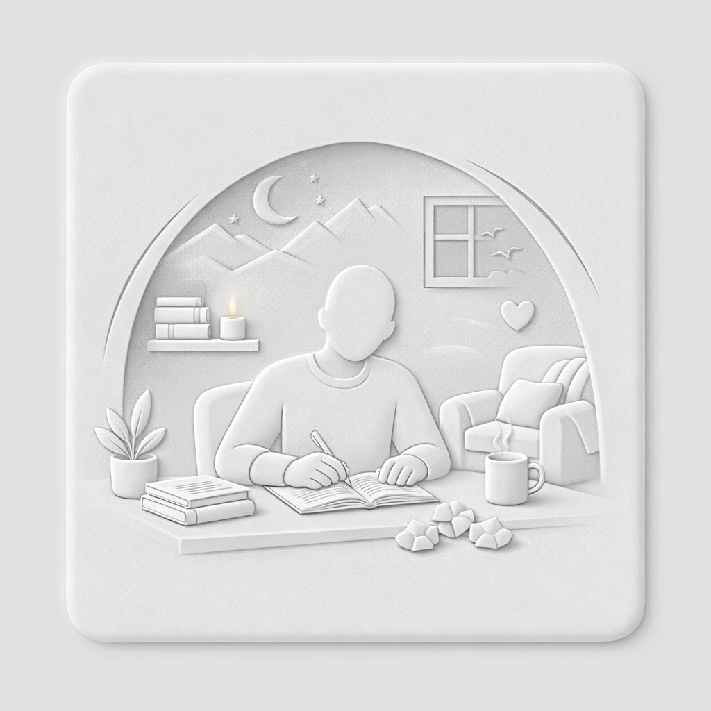 Illustration neumorphic d'un écrivain travaillant à son bureau, abrité sous une structure en forme de dôme ou de toit protecteur, symbolisant l'écriture comme sanctuaire.