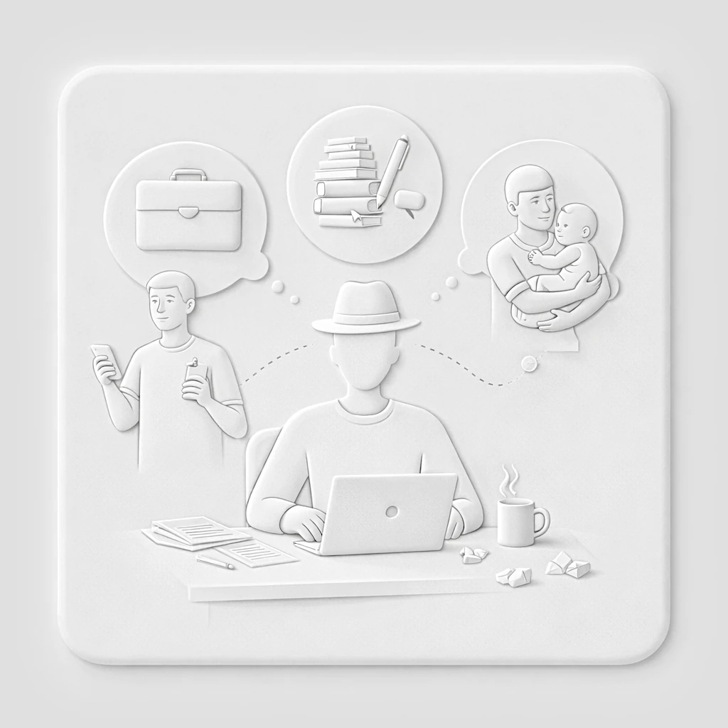 Illustration d'un écrivain jonglant avec plusieurs chapeaux symbolisant ses différentes responsabilités.