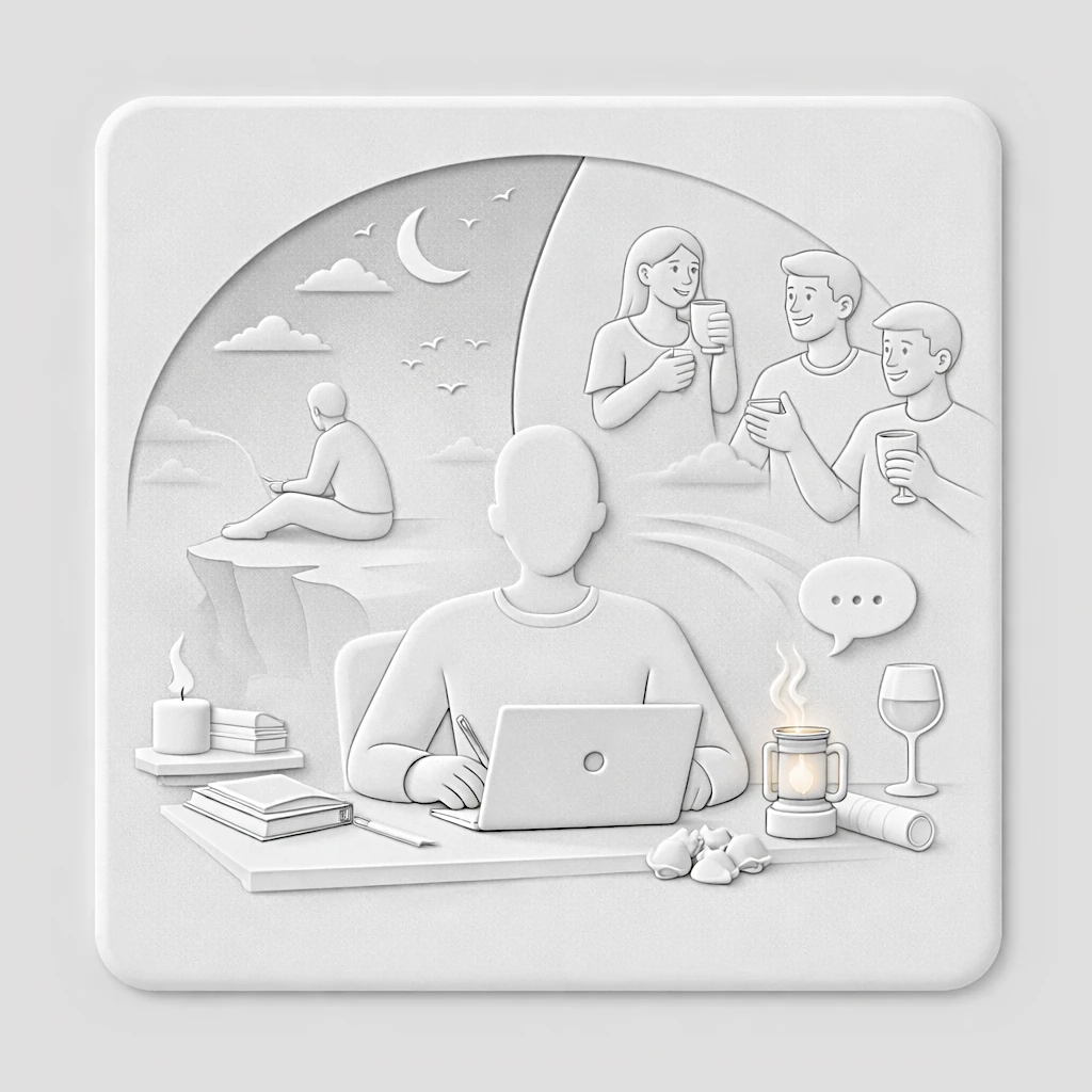 Illustration neumorphic d'une double silhouette d'écrivain, l'une écrivant seule et l'autre connectée par un stylo à une arche de personnages, symbolisant le paradoxe du créateur.