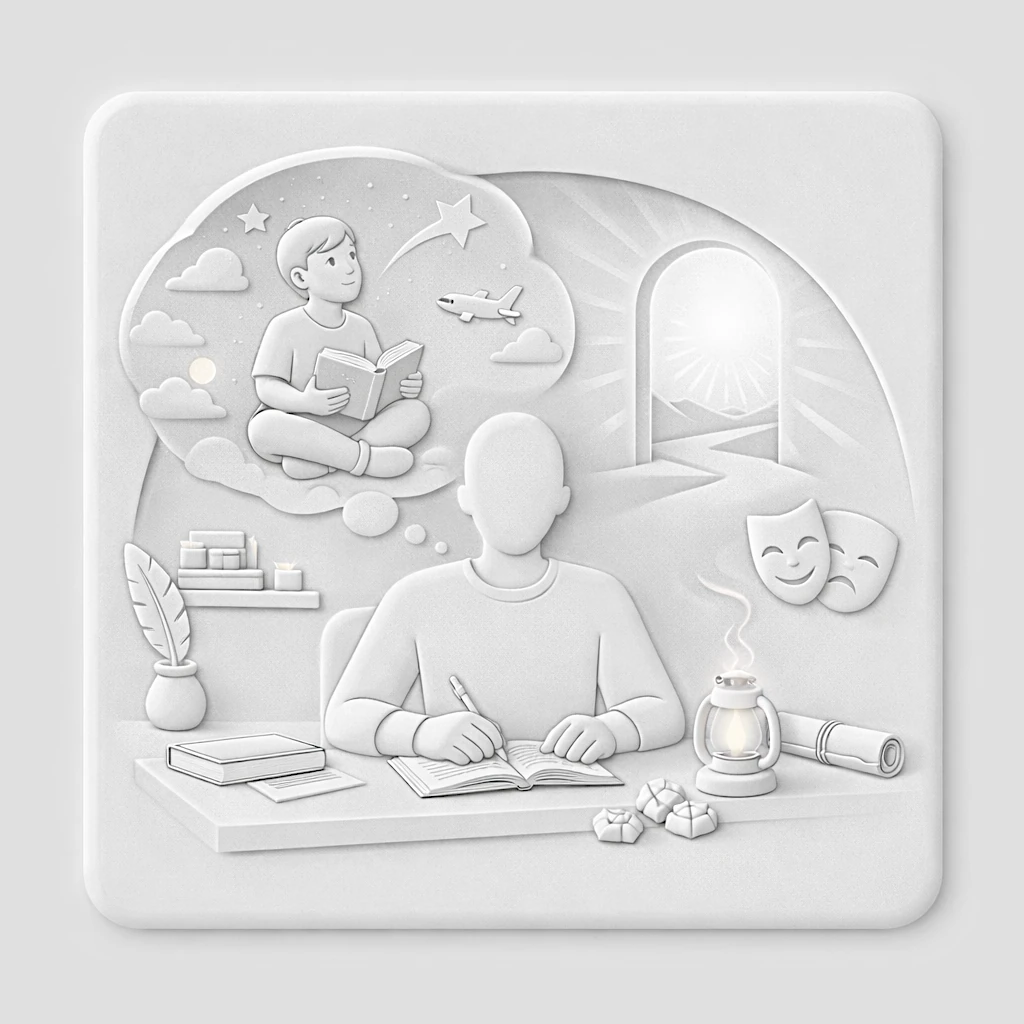 Illustration neumorphic d'une constellation en forme de stylo plume entourant un personnage en méditation, symbolisant la reconnexion au rêve d'écriture.