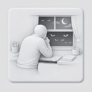 Écrivain solitaire face à une fenêtre, méditant sur le regard des autres et la peur du jugement