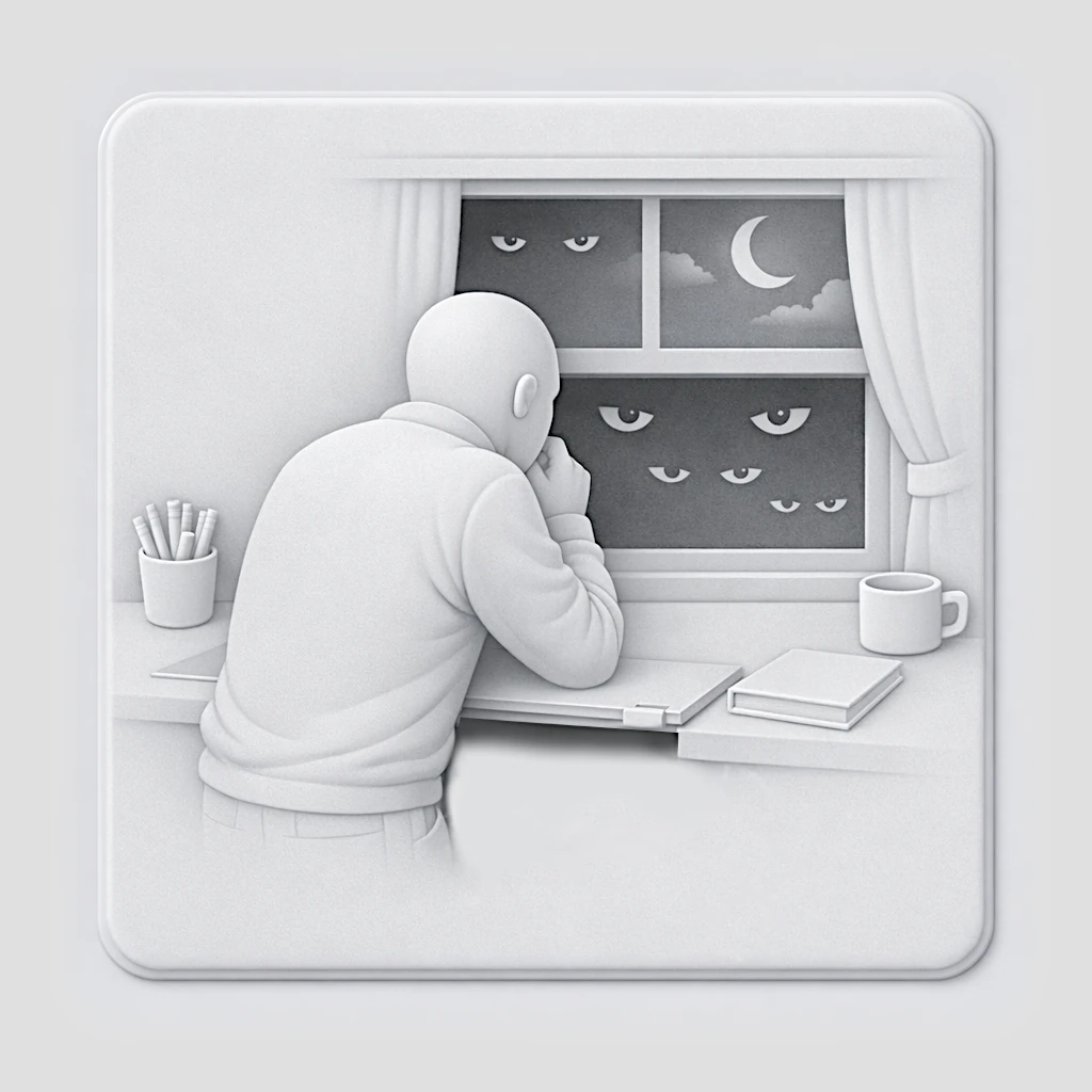 Écrivain solitaire face à une fenêtre, méditant sur le regard des autres et la peur du jugement