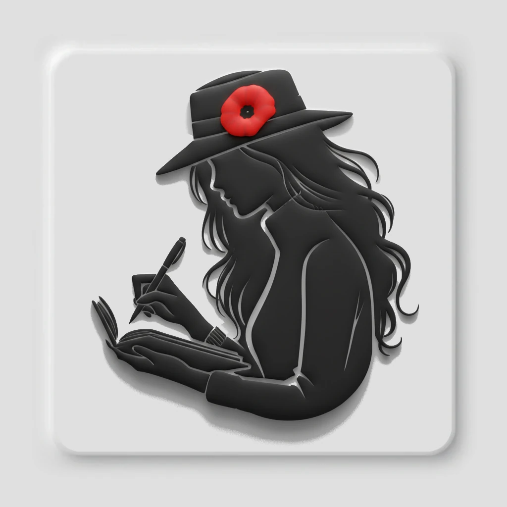 Emblème de L'Éditrysse : silhouette noire stylisée d'une figure écrivant, coquelicot rouge au chapeau, symbolisant l'exploration de l'ontologie de l'écrivain et de sa structure psychologique.