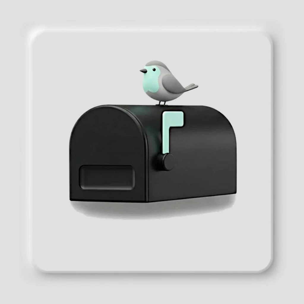 Illustration d'une boîte aux lettres noire surmontée d'un petit oiseau bleu gris, symbolisant la prise de contact et l'échange de messages avec L'Éditrysse.