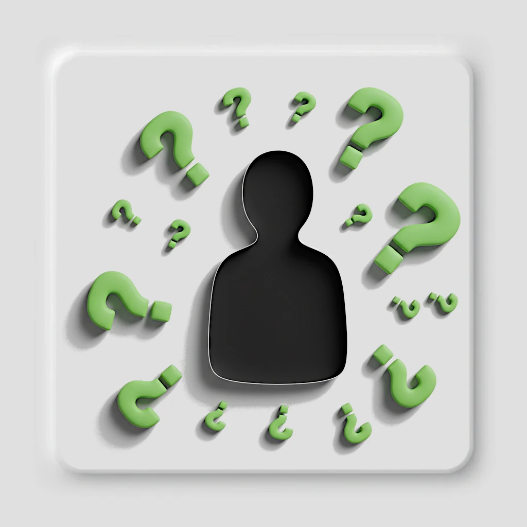 Silhouette humaine noire en creux entourée de points d'interrogation verts, symbolisant la recherche de son identité et de son archétype d'écrivain via le test gratuit de L'Éditrysse.