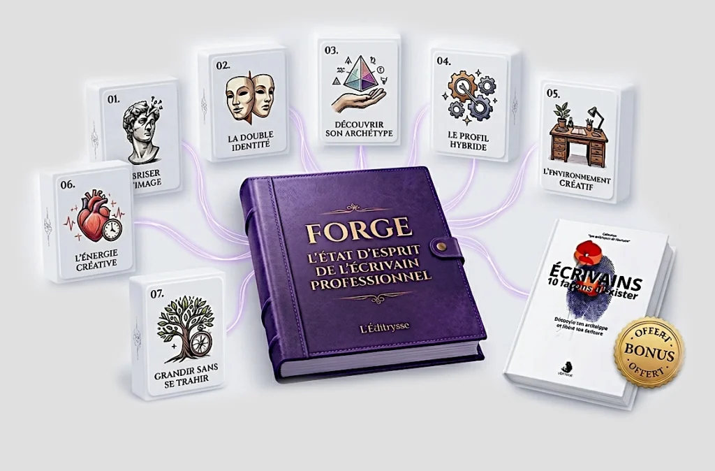 Mockup 3D de formation sur fond blanc uni avec ombres neumorphiques. Au centre, un livre en cuir violet intitulé "Forge l'État d'Esprit de l'Écrivain Professionnel", L'Éditrysse. Autour, sept petits modules numérotés de 01 à 07 décrivent les étapes (Briser l'Image, Double Identité, Archétype, Profil Hybride, Environnement, Énergie, Grandir). À droite, le livre "ÉCRIVAINS 10 façons d'exister" avec fleur de coquelicot et empreinte digitale, marqué "BONUS OFFERT".