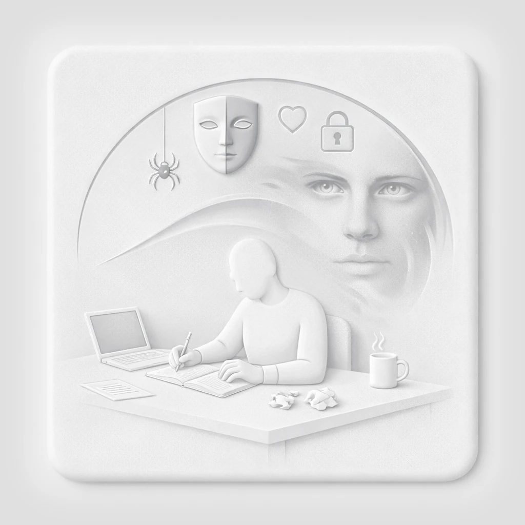 Illustration d'un auteur lisant son manuscrit d'où s'échappe une forme vaporeuse et inquiétante, symbolisant la peur de se dévoiler.