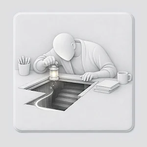 Écrivain pensif devant un escalier menant aux profondeurs, cherchant ses motivations profondes d'écriture