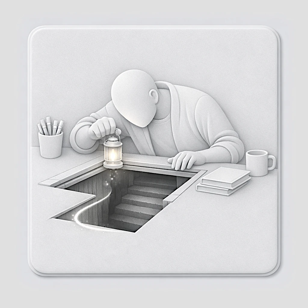 Écrivain pensif devant un escalier menant aux profondeurs, cherchant ses motivations profondes d'écriture