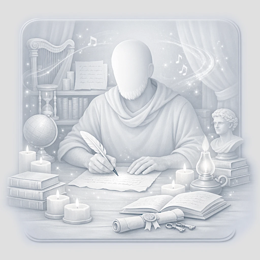 Un homme écrit dans un espace poétique et lumineux entouré de bougies et de livres ouverts