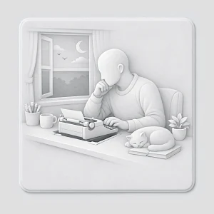 Écrivain installé à son bureau, assumant sereinement son identité d'auteur dans sa vie quotidienne