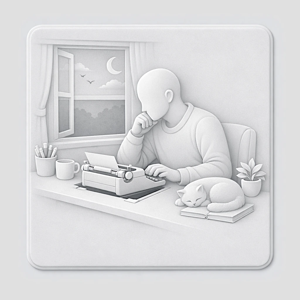 Écrivain installé à son bureau, assumant sereinement son identité d'auteur dans sa vie quotidienne