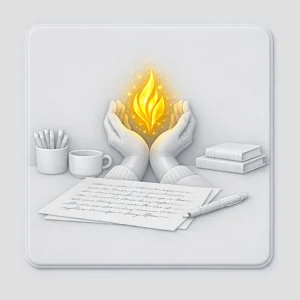 Mains d'une femme tenant une flamme dorée au-dessus d'une page manuscrite, illustration poétique de l'alchimie créatrice : transformer la douleur en écriture lumineuse sans s'y brûler.