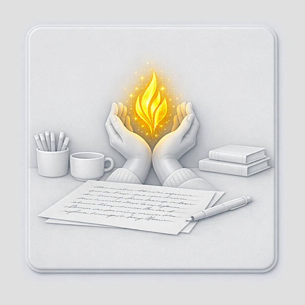 Mains d'une femme tenant une flamme dorée au-dessus d'une page manuscrite, illustration poétique de l'alchimie créatrice : transformer la douleur en écriture lumineuse sans s'y brûler.