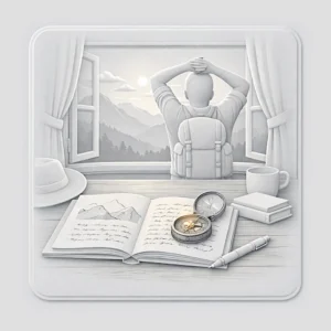 Carnet de voyage ouvert sur une table en bois, boussole posée dessus, fenêtre donnant sur un horizon de montagne, lumière naturelle chaude, ambiance aventure et écriture créative.