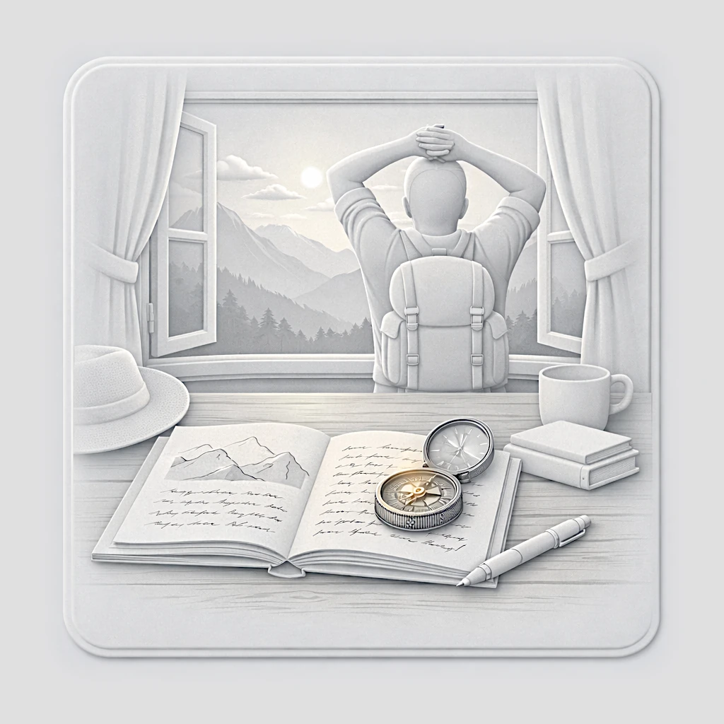 Carnet de voyage ouvert sur une table en bois, boussole posée dessus, fenêtre donnant sur un horizon de montagne, lumière naturelle chaude, ambiance aventure et écriture créative.