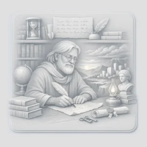 Illustration de l'archétype de l'écrivain Sage, gardien de la mémoire et des traditions, entouré d'archives, de livres anciens et de symboles de transmission littéraire.