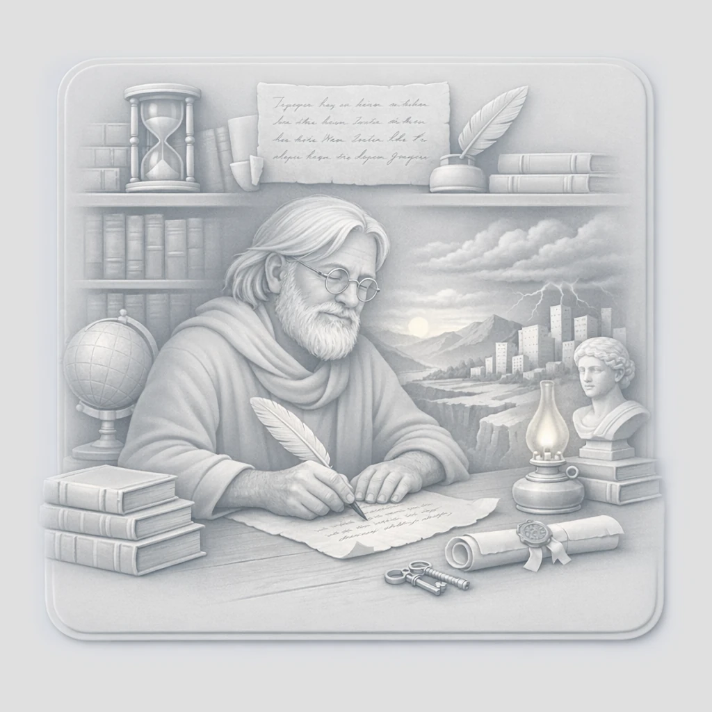 Illustration de l'archétype de l'écrivain Sage, gardien de la mémoire et des traditions, entouré d'archives, de livres anciens et de symboles de transmission littéraire.