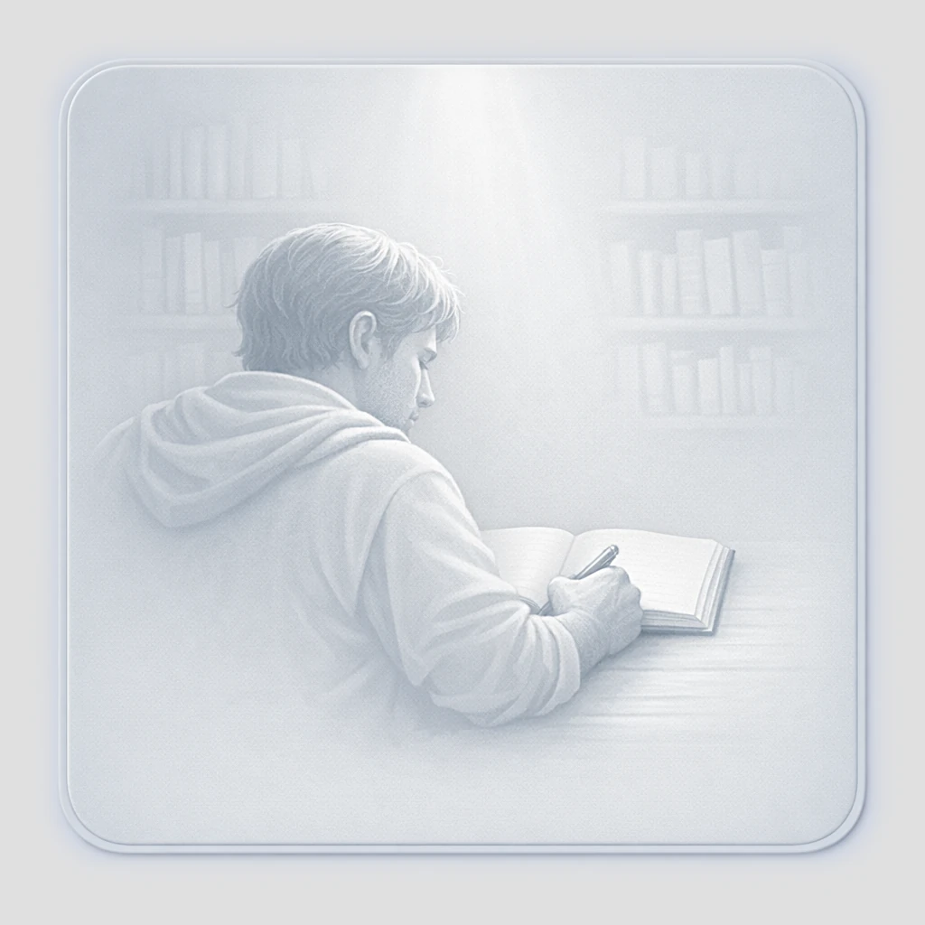 Un écrivain assis face à une page ouverte dans une lumière sobre et concentrée, symbole de la vocation d'écriture et du rapport intime aux mots