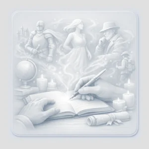 Mains d'écrivain tenant un stylo au-dessus d'un carnet ouvert, évoquant la sculpture de personnages littéraires