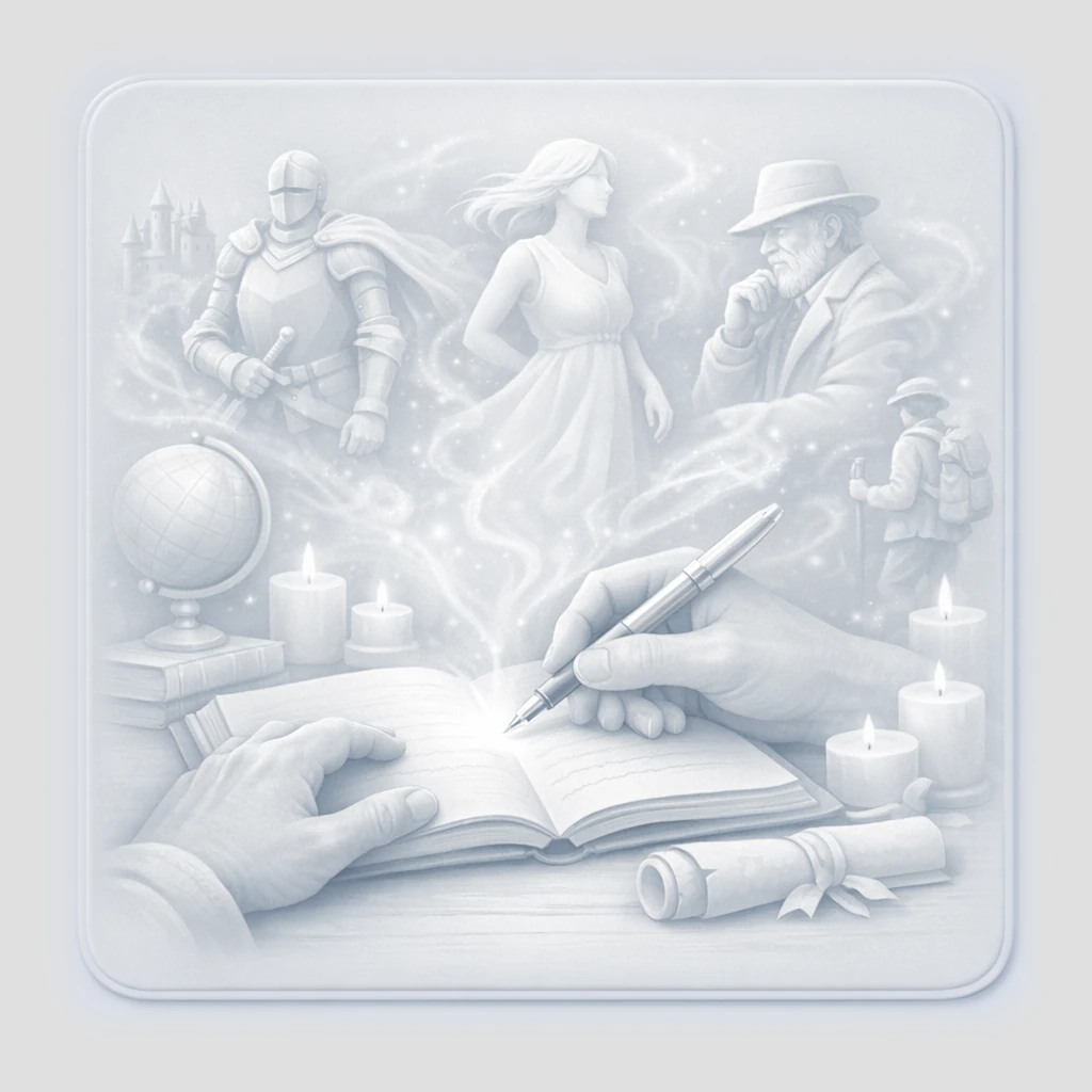 Mains d'écrivain tenant un stylo au-dessus d'un carnet ouvert, évoquant la sculpture de personnages littéraires