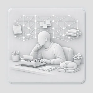 Écrivain Tisseur devant un tableau de fils narratifs reliés, illustrant l'architecture secrète d'un récit complexe