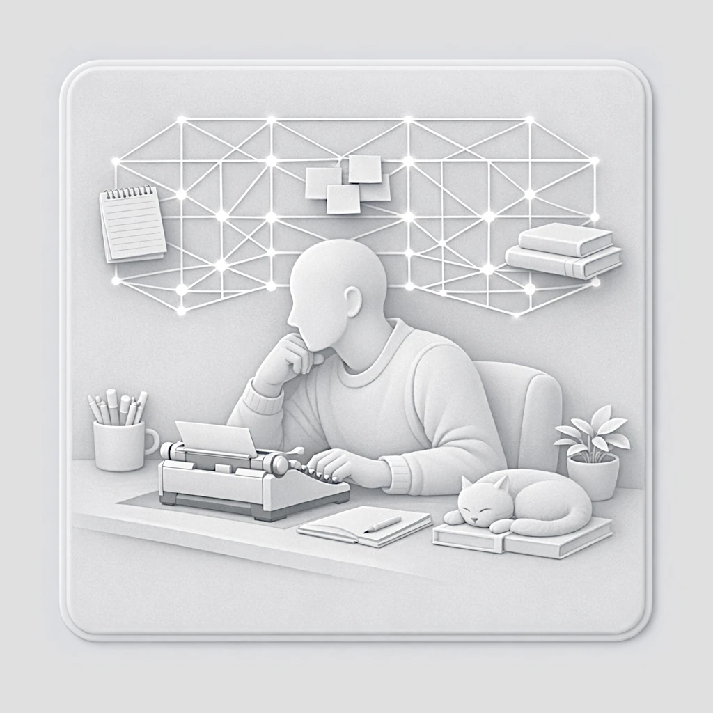 Écrivain Tisseur devant un tableau de fils narratifs reliés, illustrant l'architecture secrète d'un récit complexe