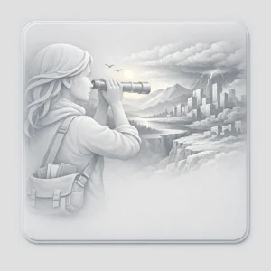 Autrice Visionnaire, regard tourné vers l'horizon, symbolisant la clairvoyance et la capacité à déceler les ruptures du monde avant les autres