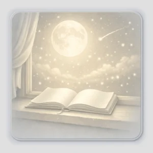 Illustration onirique d'un carnet ouvert posé sur un rebord de fenêtre, avec une lumière dorée et des particules de poussière en suspension dans l'air, évoquant l'état d'esprit rêveur et créatif du Songeur