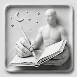 Mains d'un écrivain tenant un crayon et un carnet, observant attentivement une silhouette humaine floue en arrière-plan, symbolisant l'observation empathique et la sculpture de personnages littéraires.