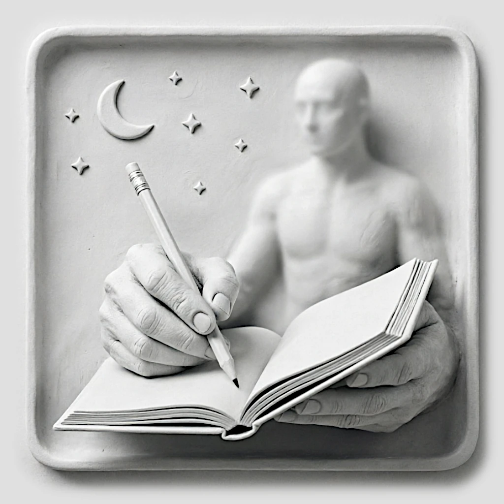 Mains d'un écrivain tenant un crayon et un carnet, observant attentivement une silhouette humaine floue en arrière-plan, symbolisant l'observation empathique et la sculpture de personnages littéraires.