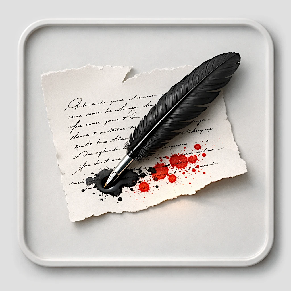 Plume posée sur une page manuscrite déchirée, encre noire contrastant avec des éclaboussures rouges, symbolisant la colère canalisée en écriture engagée