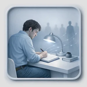 Un écrivain assis à une table, écrivant à la lueur d'une lampe, avec des fils invisibles dépendants de ses mots à des silhouettes lointaines, symbolisant la transmission secrète du message à travers le récit