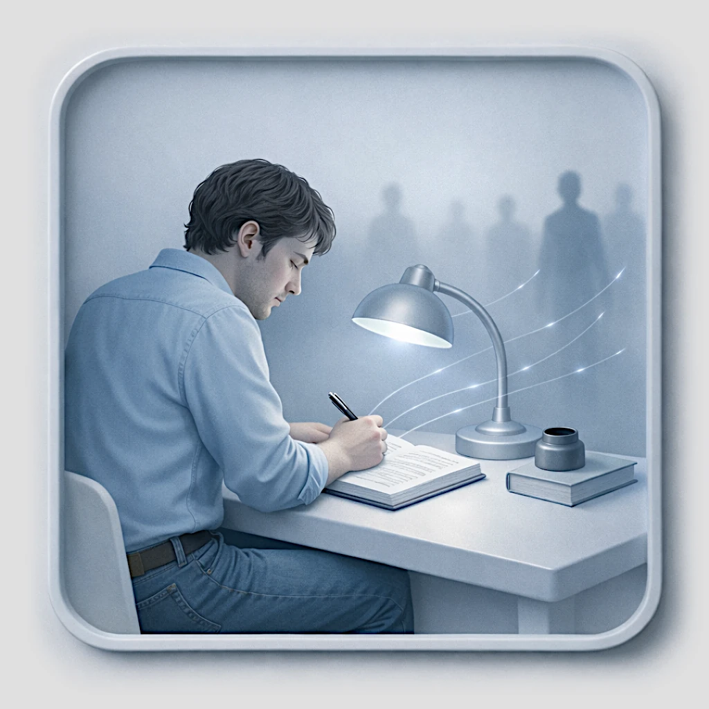 Un écrivain assis à une table, écrivant à la lueur d'une lampe, avec des fils invisibles dépendants de ses mots à des silhouettes lointaines, symbolisant la transmission secrète du message à travers le récit